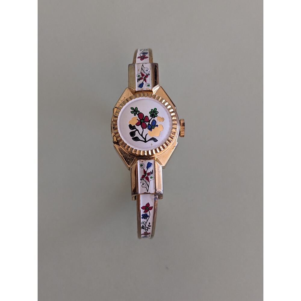 FLAW BROKEN Vintage Lugano Gold Tone Bangle Peekaboo Watch Flower Enamel
